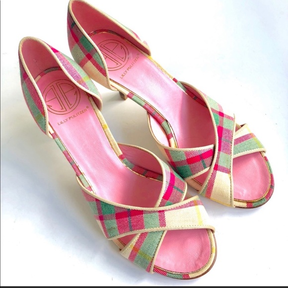 LILLY PULITZER PLAID PINK GREEN OPEN TOE HEELS - Picture 2 of 3